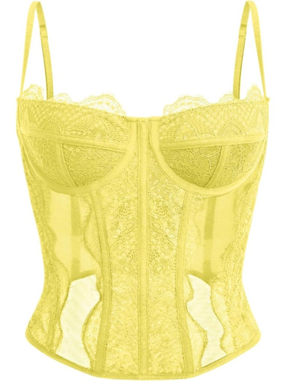 Womens Light Yellow Boned Lace Mesh Underwire Bustier Spaghetti Strap Corset Top